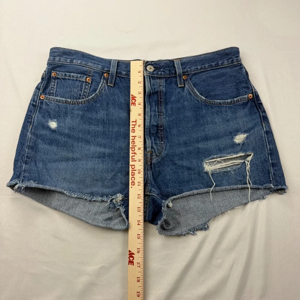 Levi's 501 Original Cut Off Shorts Women Size 33 Blue Distressed Denim High Rise